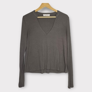 UO Project Social T Brown Long‎ Sleeve Ribbed VNeck Casual Lounge Sweater Top S